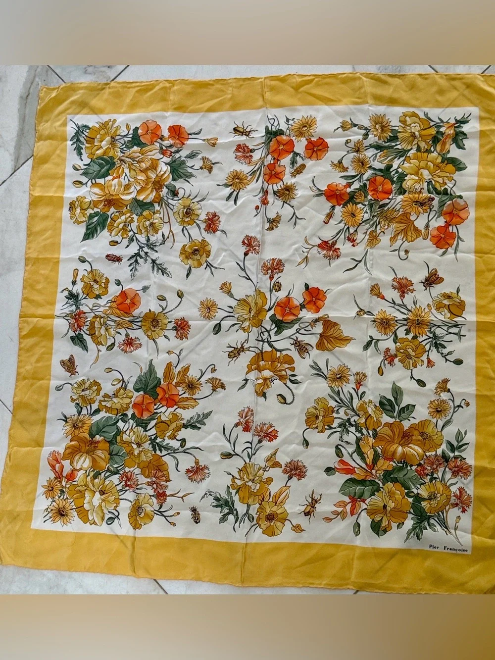 Pier Francoise Vintage Yellow Floral Silk Scarf 33” by 34”
